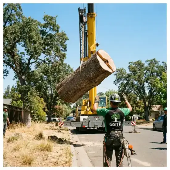 Crane lowering a tree section during a Kansas City removal